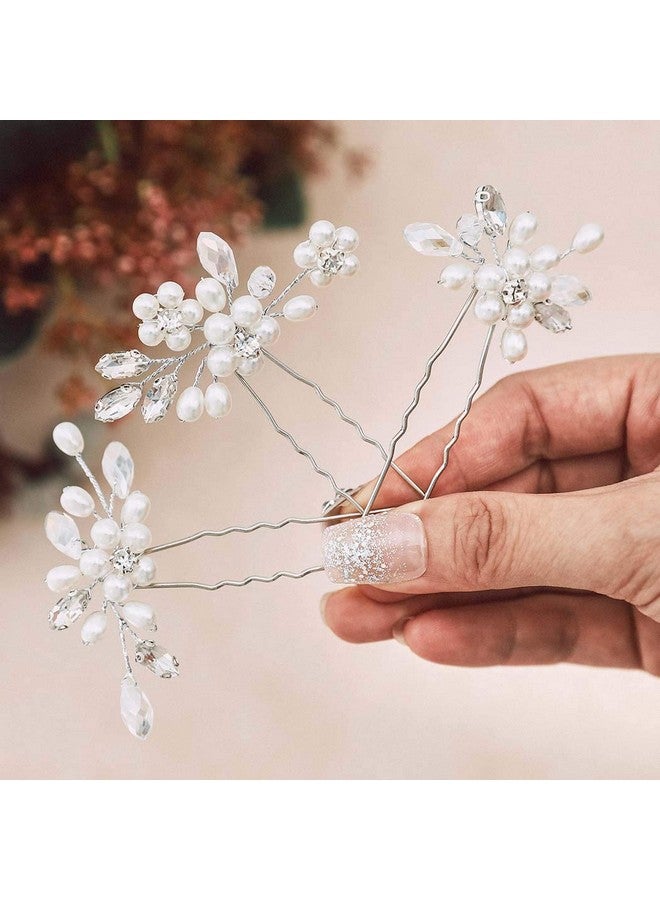 يونيكرا دبابيس شعر العروس الفضية لحفلات الزفاف واللؤلؤ وقطع شعر الزفاف وإكسسوارات الشعر على شكل زهرة وحجر الراين ومشابك شعر للحفلات الراقصة للنساء والفتيات (عبوة من 3 قطع) - Image 1