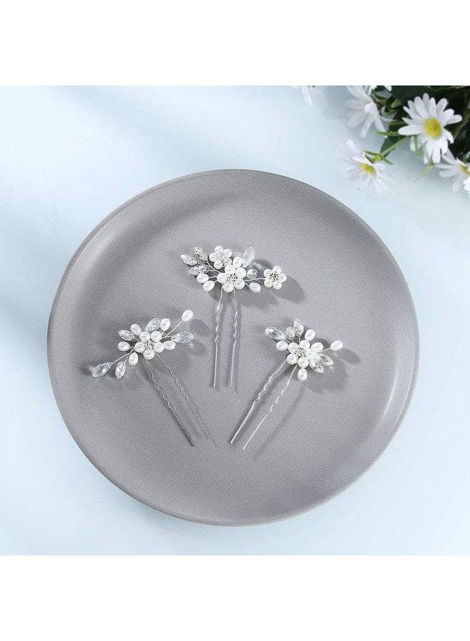 يونيكرا دبابيس شعر العروس الفضية لحفلات الزفاف واللؤلؤ وقطع شعر الزفاف وإكسسوارات الشعر على شكل زهرة وحجر الراين ومشابك شعر للحفلات الراقصة للنساء والفتيات (عبوة من 3 قطع) - Image 3