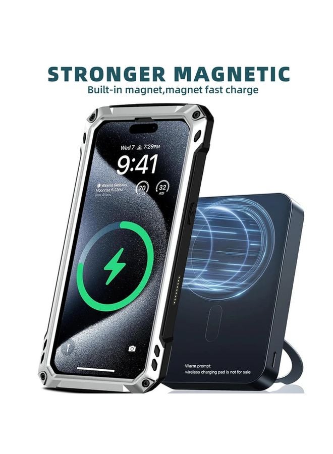 iPhone 17 Pro Max Silvery Armor Metal Magnetic Case Heavy Duty Shockproof Full Body Protection - Image 1