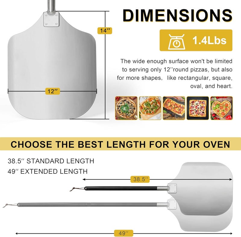 Joyfair Pizza Peel Aluminum Pizzas Spatula (12 Inch), Long Handle Metal Pizza Paddle with Cutter Rocker Pizza Oven Accessories Turning Tool Kit, Commercial Grade (Extent length 38.5’’ to 49’’) - Image 2