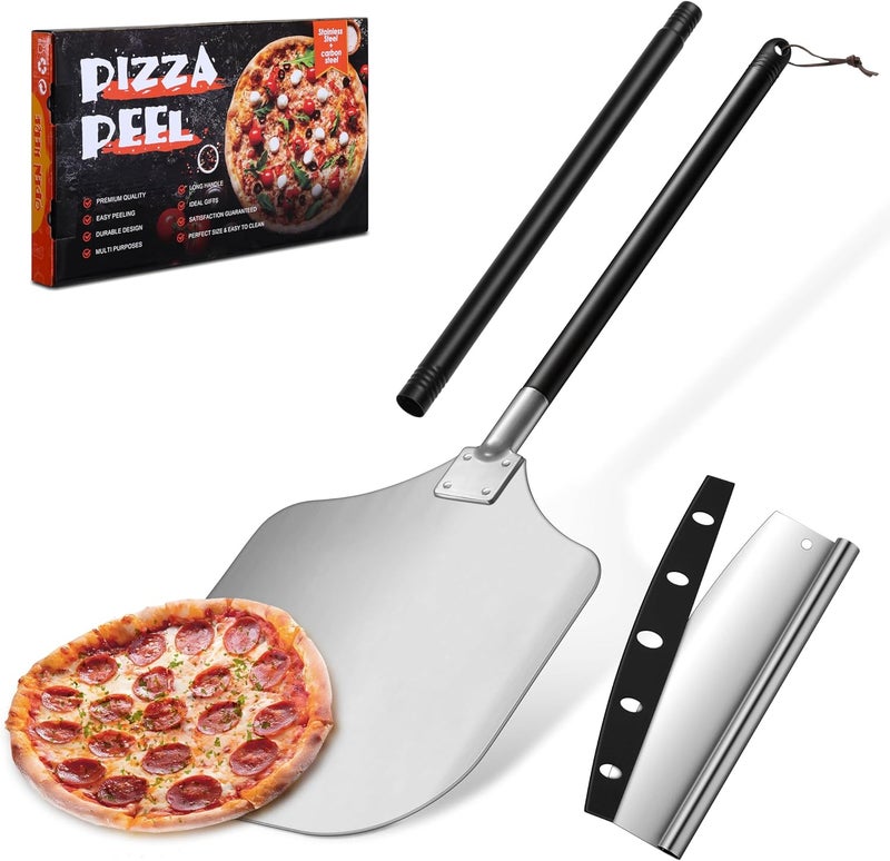 Joyfair Pizza Peel Aluminum Pizzas Spatula (12 Inch), Long Handle Metal Pizza Paddle with Cutter Rocker Pizza Oven Accessories Turning Tool Kit, Commercial Grade (Extent length 38.5’’ to 49’’) - Image 1