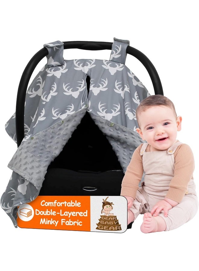 Dear Baby Gear Deluxe Car Seat Canopy, White Antlers, Grey Minky Dot - Image 1