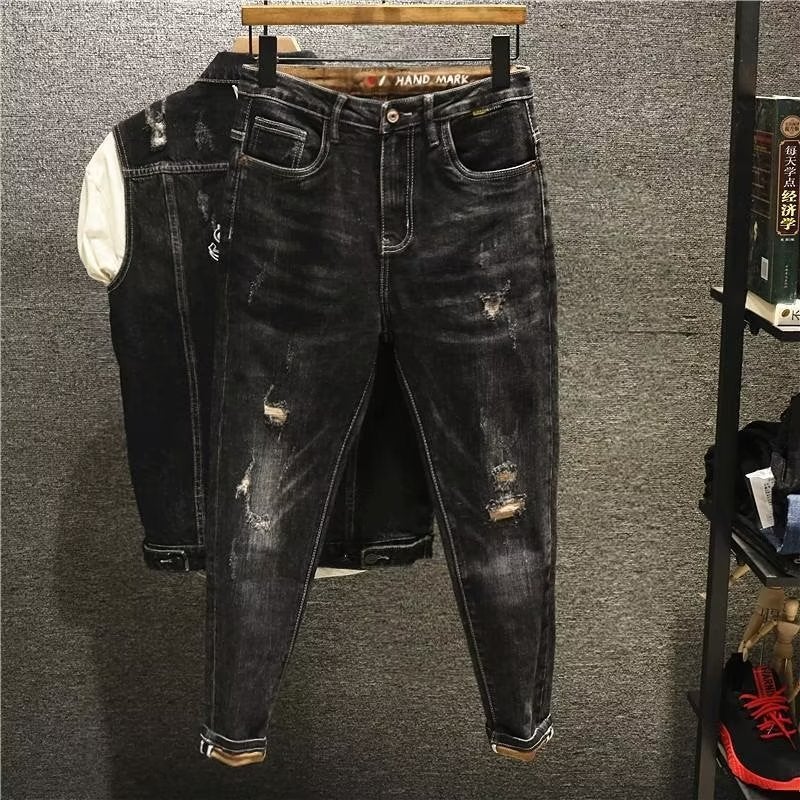 2024 Mens Slim-Fit Black Jeans Patched Ripped Denim Black and gray 