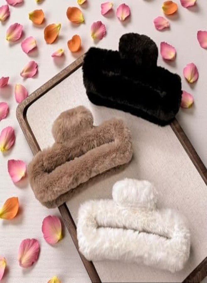FREEBIES Stylish Fluffy Hair Clutcher Clips | Pack of 3 Premiume Soft Furry Hair Accessories | Strong Grip Non-Slip Hair Claw for Wedding, Party & Daily Use - Image 1