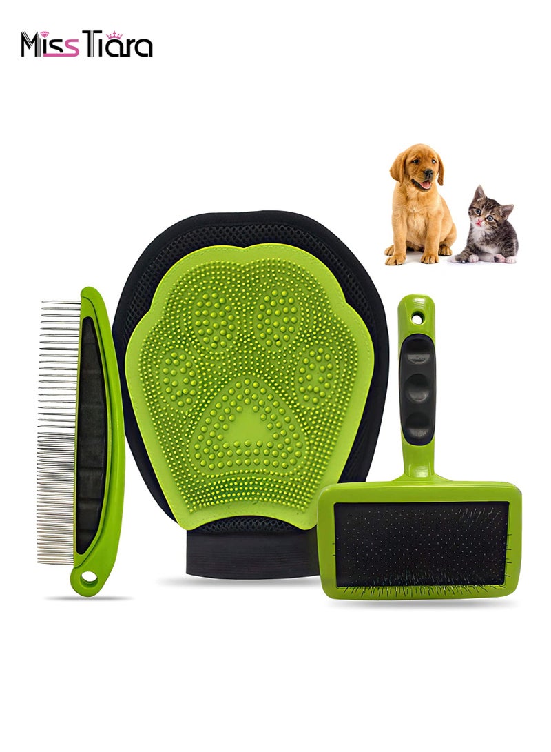 مس تيارا مجموعة أدوات العناية بالحيوانات الأليفة، فرشاة القطط، فرشاة الكلاب، فرشاة تنظيف ذاتية، قفازات استحمام للحيوانات الأليفة ومشط - مجموعة 3 في 1 للعناية بالحيوانات الأليفة، أداة تنظيف وتدليك ذات قفاز مزدوج الوجه - Image 1