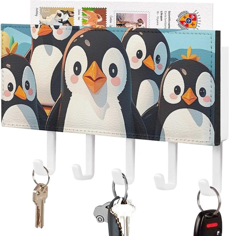 حامل مفاتيح حائط بطيور البطريق اللطيفة مع 5 خطافات من جلد البولي يوريثان، منظف مفاتيح، تخزين المدخل - Image 1
