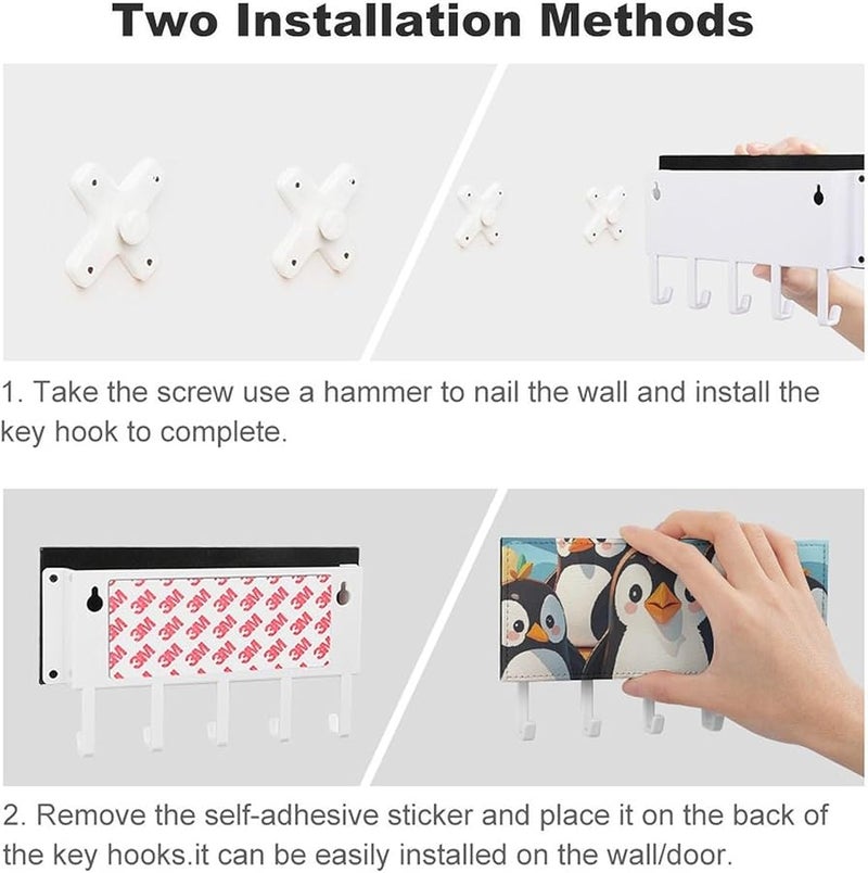 حامل مفاتيح حائط بطيور البطريق اللطيفة مع 5 خطافات من جلد البولي يوريثان، منظف مفاتيح، تخزين المدخل - Image 4