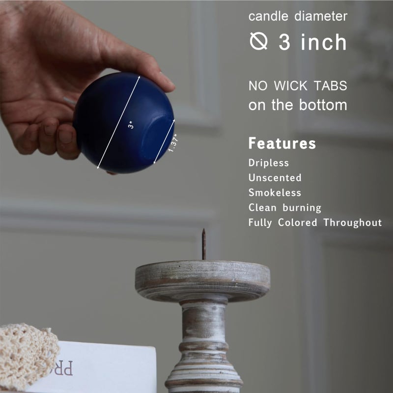 MOZEAL Hand-Poured, 3 Inch Navy Blue Round Ball Candles - Elegant Navy Blue Round Pillar Candles Set of 3, Dripless, Unscented, Smokeless, Ideal for Formal Events. - Image 3