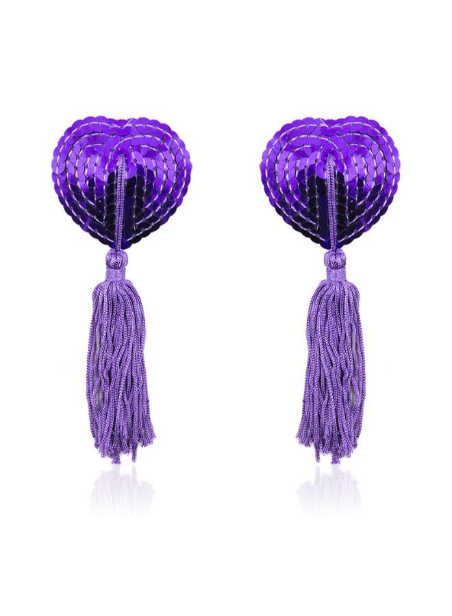 2 Pieces Reusable Silicone Sequin Adhesive Nipple Cover Pasties Bra with Tassel Heart  - Image 1