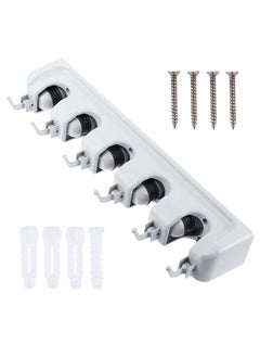erorex Broom Mop Holder Wall Mounted 5 Slots 6 Hooks Broom Organizer Storage Hooks Hangers For Bathroom Laundry Room Kitchen Gray  - Image 1
