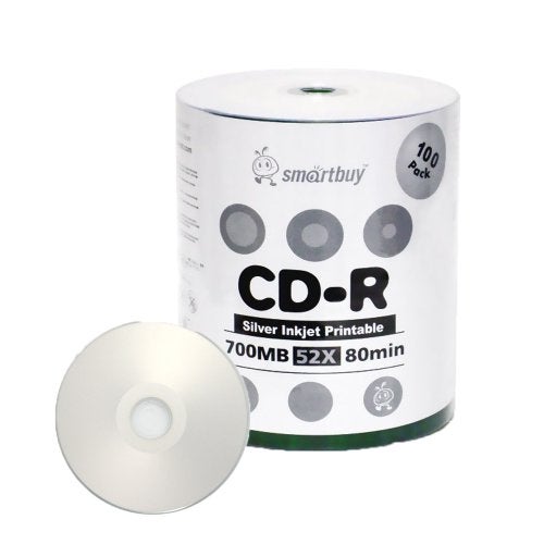 Smartbuy 100-disc 700mb/80min 52x CD-R Silver Inkjet Hub Printable Blank Recordable Media Disc - Image 1
