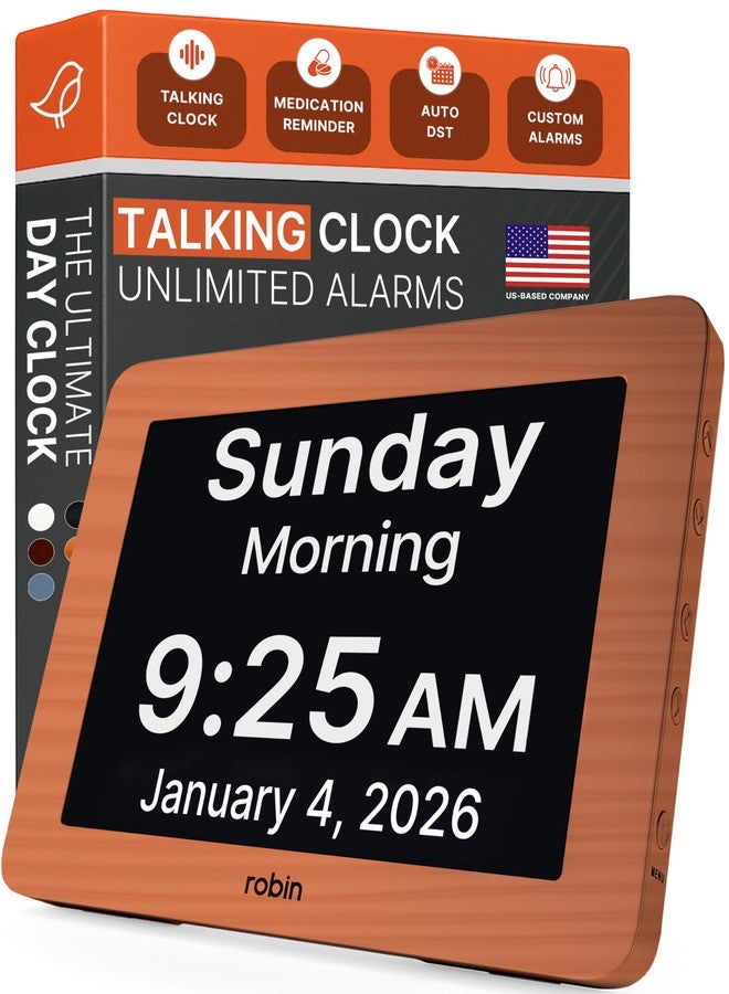 Robin Day Clock 2026 for Seniors, 8" Large Digital Calendar Dementia Clock with Talking Function, Alarms, Easy-to-Read Display for Elderly, Day Date Time, Medication Reminder, DST, Brown Wood - Image 1
