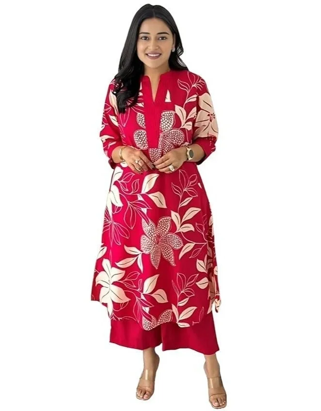 جو سريكي كورتا مطبوعة على شكل A-line من GoSriKi من رايون فيسكوز مع بنطال (VIBHA RED-VKS01-GS_S_Red_Small)