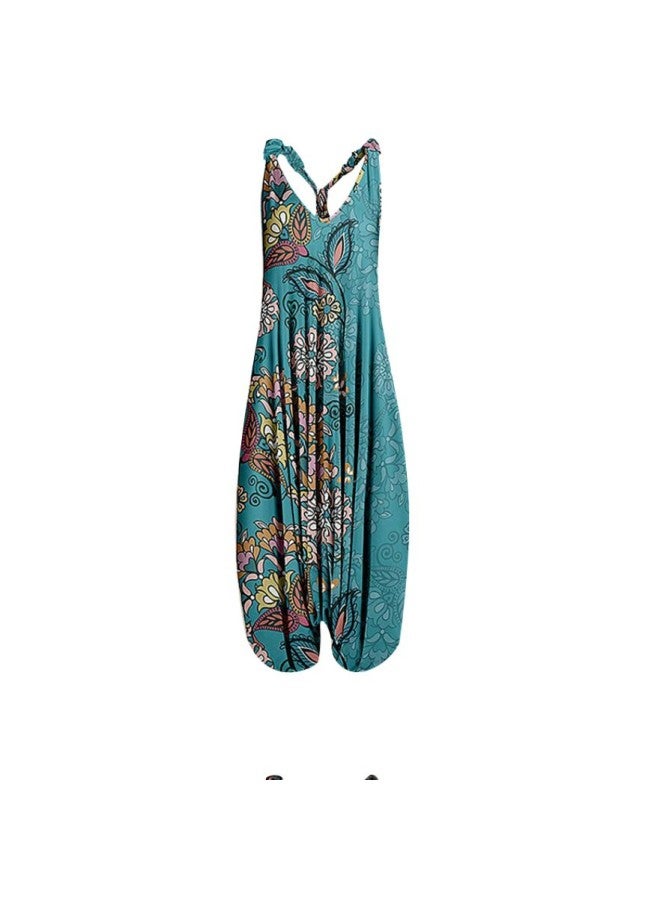 European And American Handsome Style Printed Sleeveless Loosely Design Knitted Spinning Cotton Strap Jumpsuit