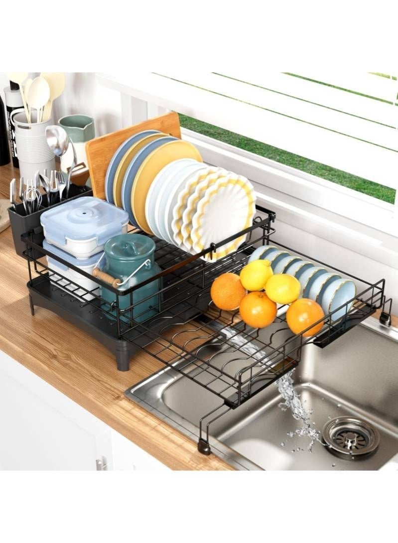 Expandable Dish Drying Rack 2-in-1 Multifunctional  Kitchen Organizer, Adjustable Drainboard & Utensil Holder, Space-Saving Dish Drainer (Black) - Image 1