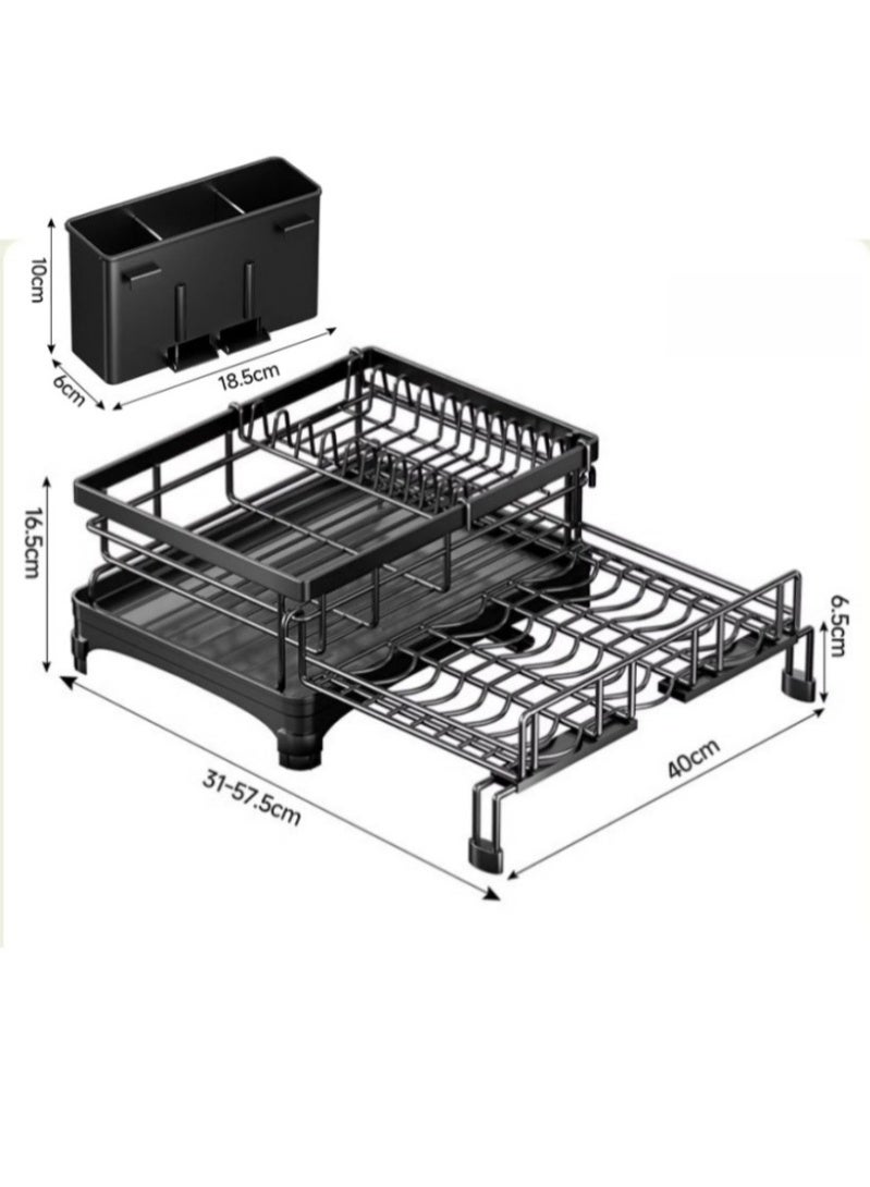 Expandable Dish Drying Rack 2-in-1 Multifunctional  Kitchen Organizer, Adjustable Drainboard & Utensil Holder, Space-Saving Dish Drainer (Black) - Image 2