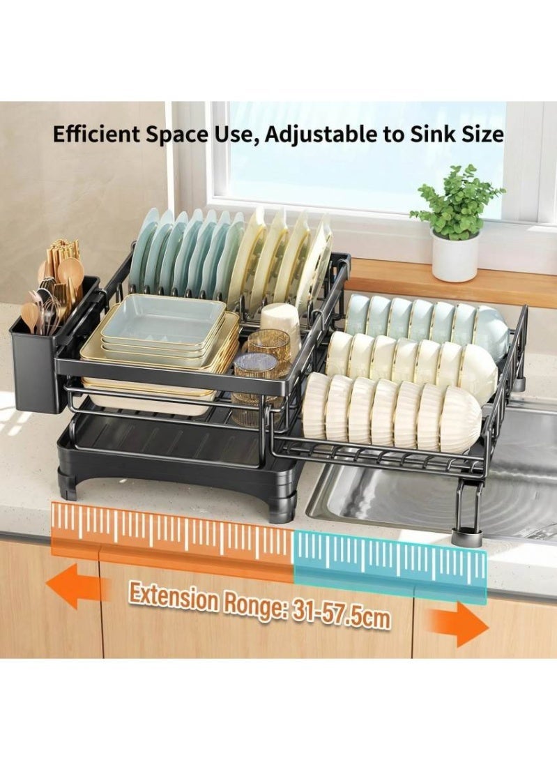 Expandable Dish Drying Rack 2-in-1 Multifunctional  Kitchen Organizer, Adjustable Drainboard & Utensil Holder, Space-Saving Dish Drainer (Black) - Image 3