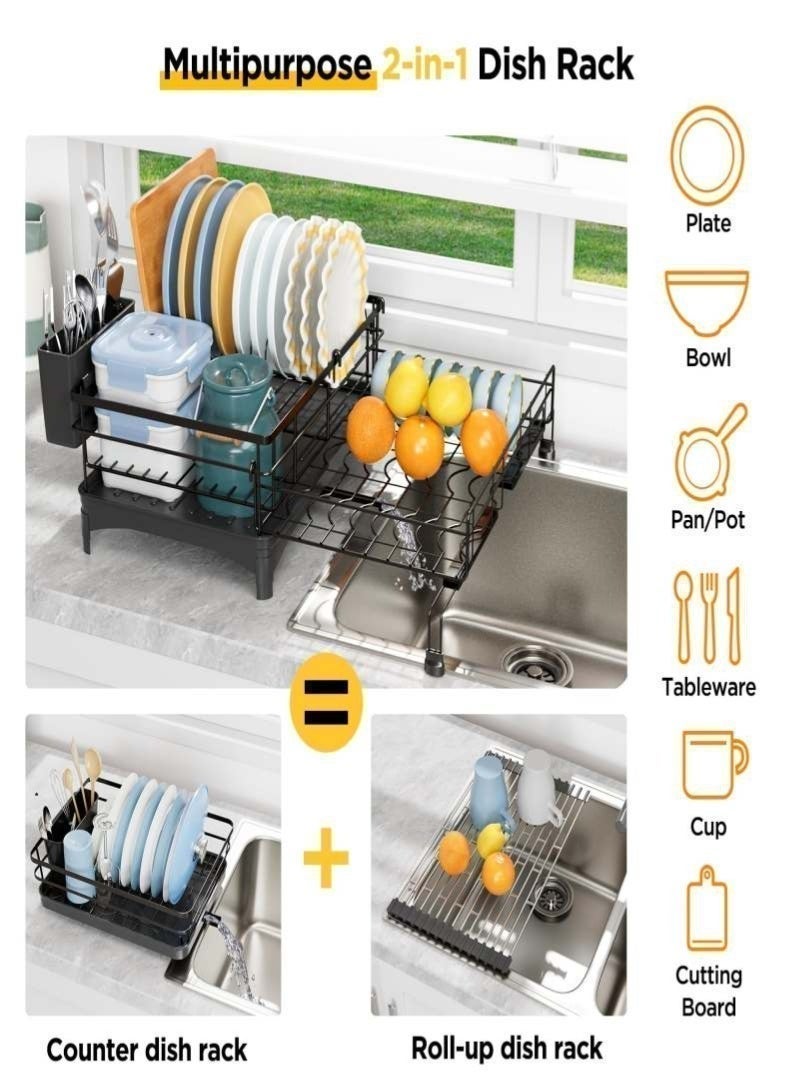 Expandable Dish Drying Rack 2-in-1 Multifunctional  Kitchen Organizer, Adjustable Drainboard & Utensil Holder, Space-Saving Dish Drainer (Black) - Image 5