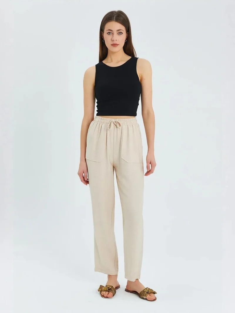 Mixray Beige Natural Mixray High Waist Carrot Fit Pants with Drawstring Waist for Women | Best Price UAE
