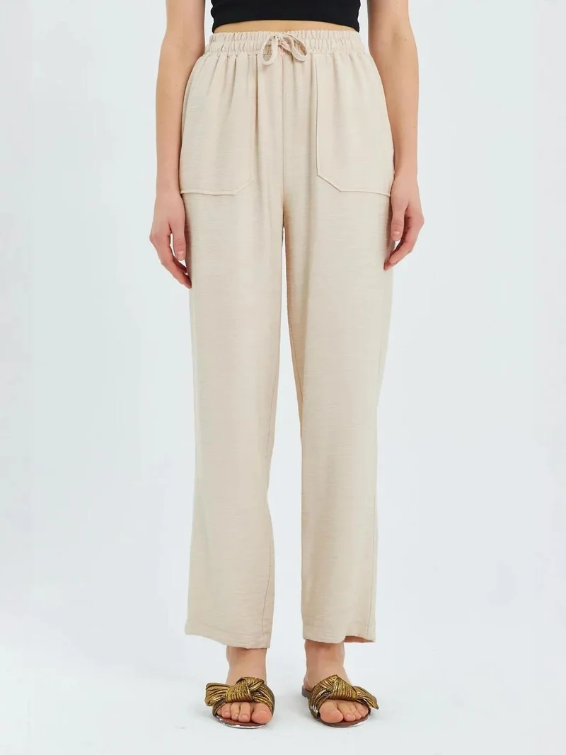 Mixray Beige Natural Mixray High Waist Carrot Fit Pants with Drawstring Waist for Women | Best Price UAE