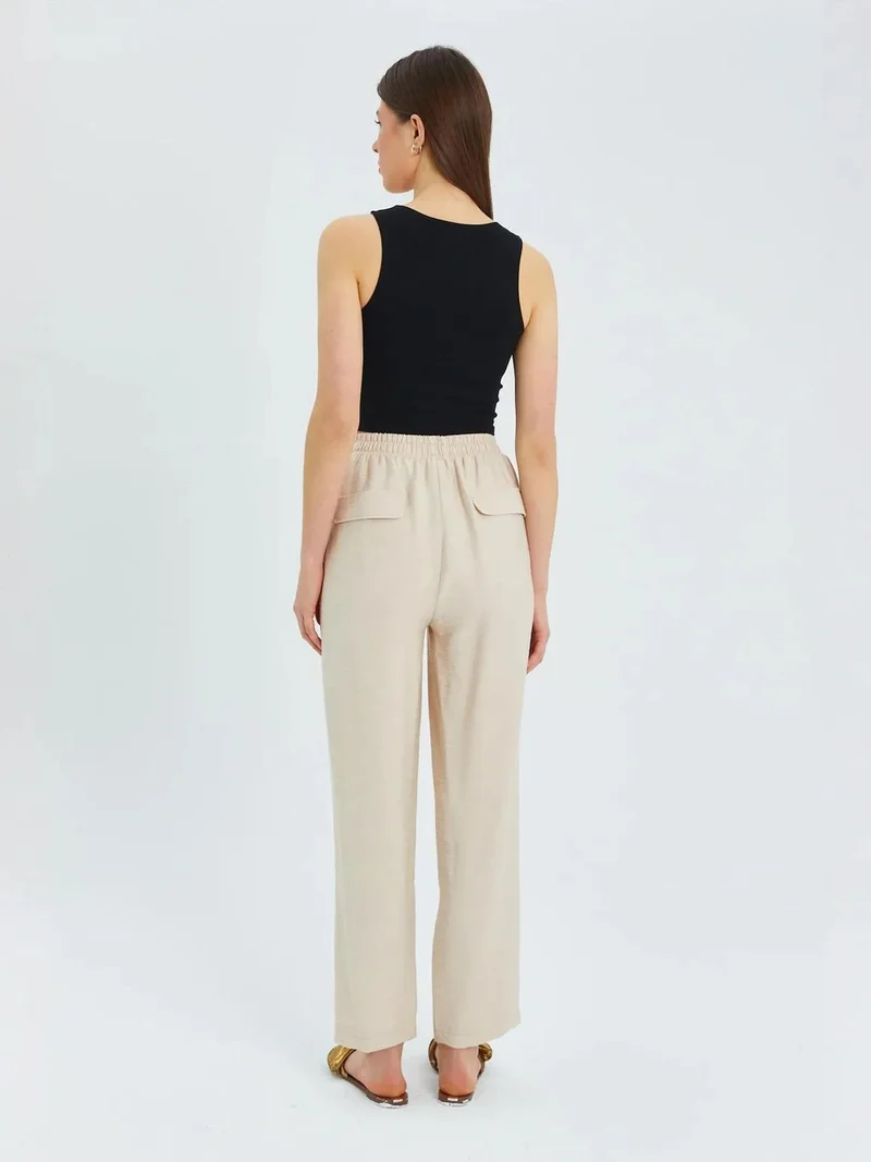 Mixray Beige Natural Mixray High Waist Carrot Fit Pants with Drawstring Waist for Women | Best Price UAE