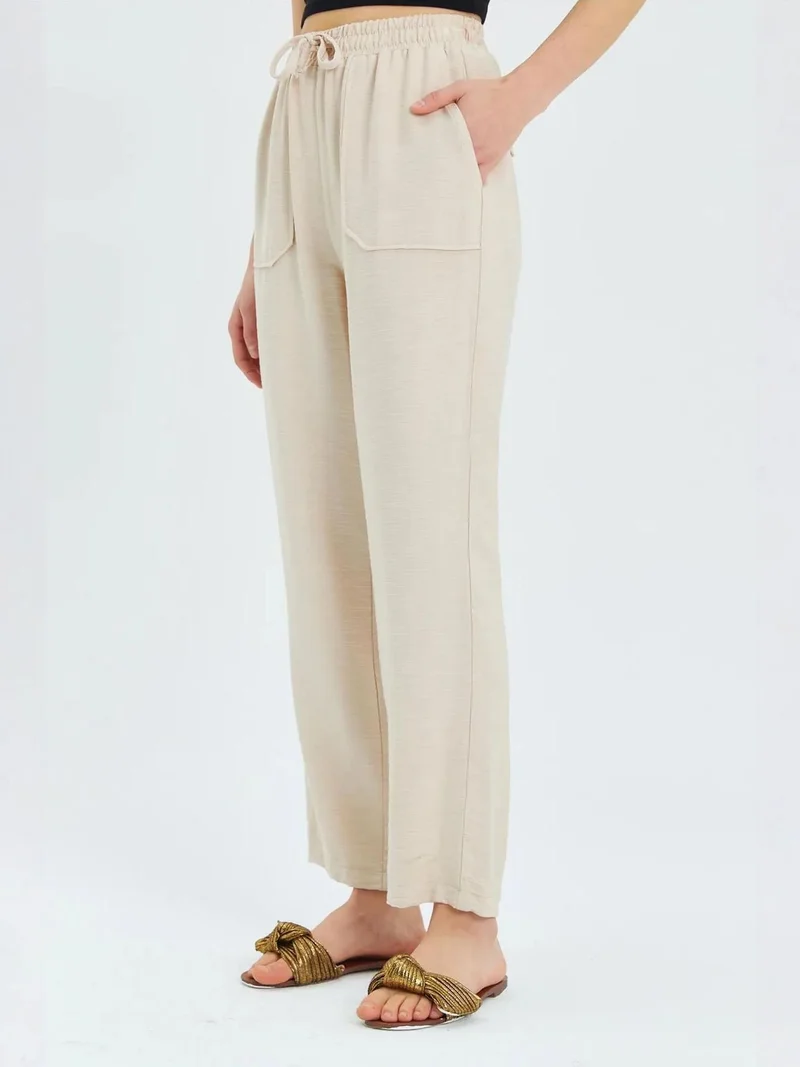 Mixray Beige Natural Mixray High Waist Carrot Fit Pants with Drawstring Waist for Women | Best Price UAE