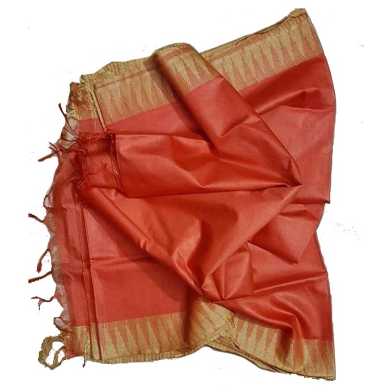 SheenKraft Women's Kota Silk Temple Border Bhagalpuri Handloom Saree With Striped Blouse Piece Orange-Natural - Image 5