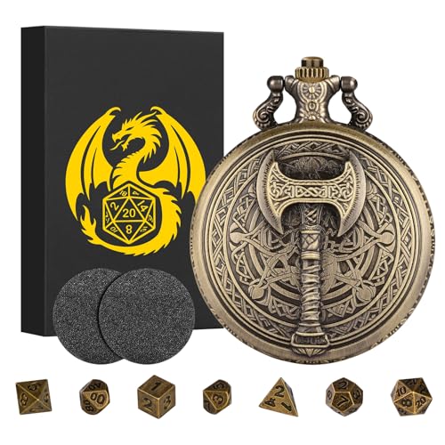 Keller & Weber Mini DND Dice Set with Steampunk Barbarian Axe Pocket Watch Shell Case 7pcs Polyhedral Metal DND Dice Set DD Gifts with Gift Box Role Playing Board Games DND Accessories Bronze - Image 1