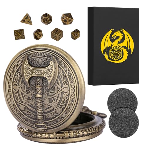 Keller & Weber Mini DND Dice Set with Steampunk Barbarian Axe Pocket Watch Shell Case 7pcs Polyhedral Metal DND Dice Set DD Gifts with Gift Box Role Playing Board Games DND Accessories Bronze - Image 5