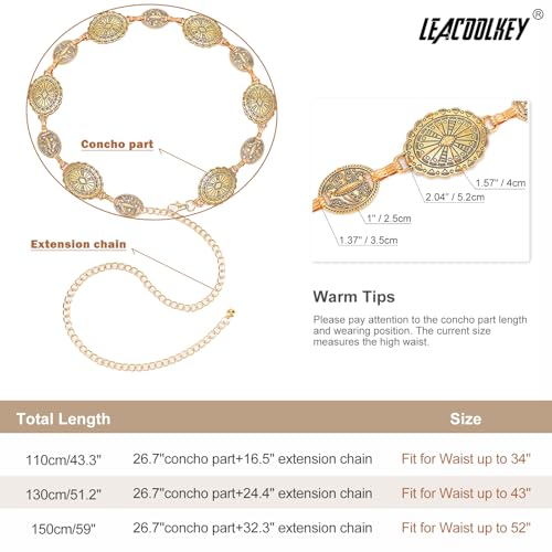 LEACOOLKEY Women Gold Western Concho Chain Belt Boho Metal Western Cowgirl Chain Belt for Dress Adjustable - Image 3