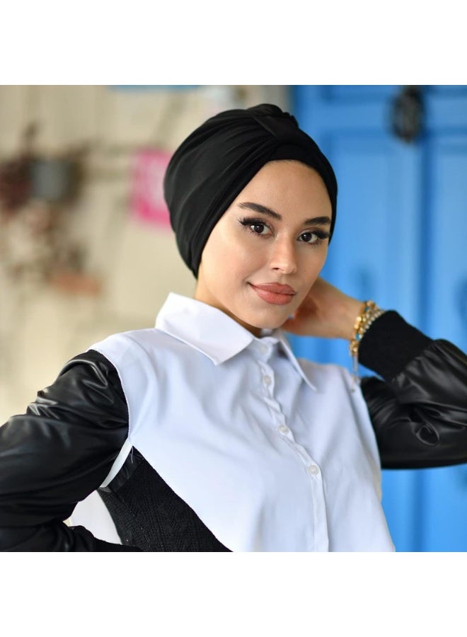 Women's Turban Head Wrap with Band, Black, Soft Breathable Stretchy Fabric, Fits 54-58 cm - Image 3