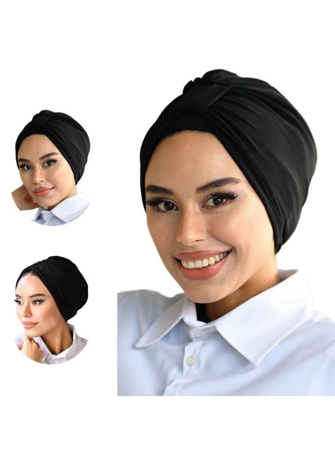Women's Turban Head Wrap with Band, Black, Soft Breathable Stretchy Fabric, Fits 54-58 cm - Image 1
