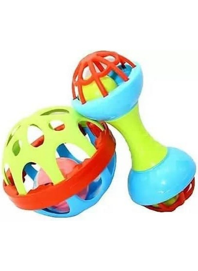 Manos Toddle Soft Ball & Dumbbell Teether Rattle Toy Pack of 2 - MulticolorInfant Toddler Rattle for Baby Girl/Baby boy  - Image 1