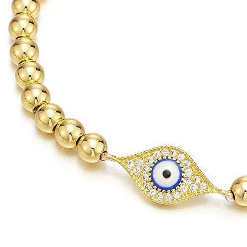 COOLSTEELANDBEYOND 18K Gold-Plated Beads Bracelet for Women Men with Cubic Zirconia Protection Evil Eye - Image 2