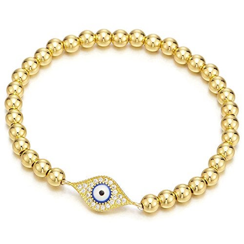 COOLSTEELANDBEYOND 18K Gold-Plated Beads Bracelet for Women Men with Cubic Zirconia Protection Evil Eye - Image 4