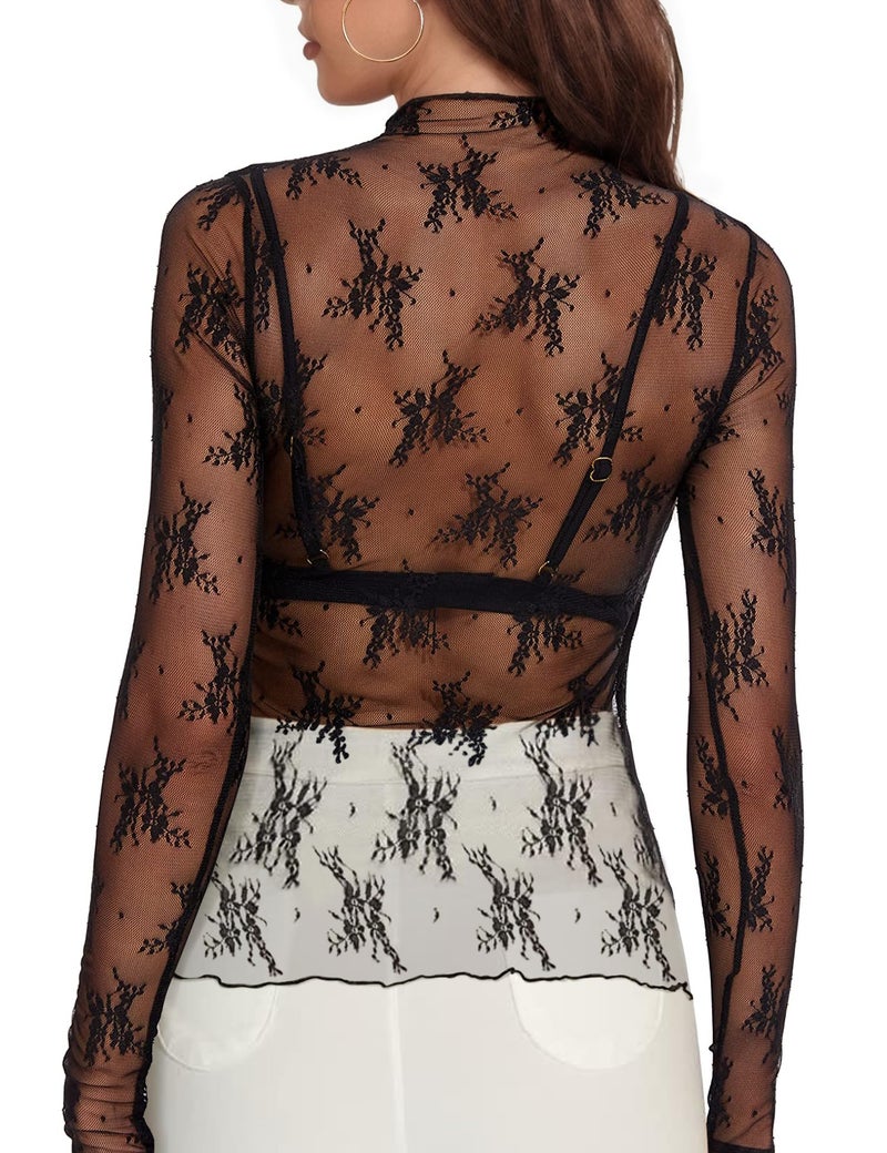 Buauty Mesh Long Sleeve Top for Women, Lace Sheer Tops See Through Mock Neck Floral Embroidery Sheer Bodysuit Fishnet Shirt Black - Image 3