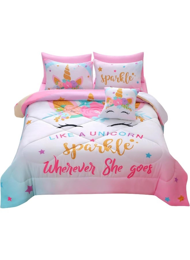 JQinHome Unicorn Queen Bedding Sets for Girls Kids, 8 Piece Bed in A Bag 3D Colorful Flower Girl Unicorn Comforter Set with Sheet Set (Sparkle)  - Image 1