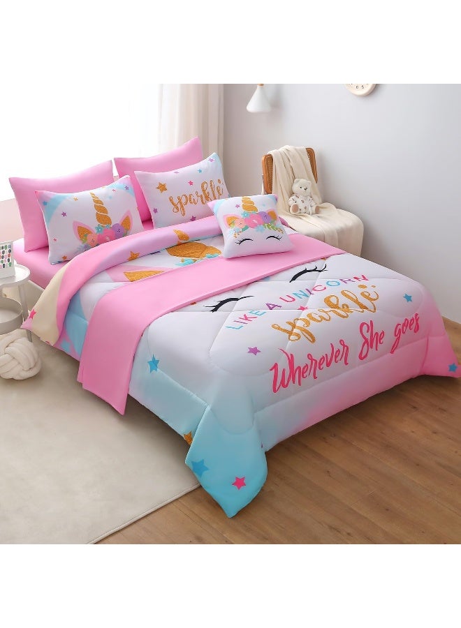 JQinHome Unicorn Queen Bedding Sets for Girls Kids, 8 Piece Bed in A Bag 3D Colorful Flower Girl Unicorn Comforter Set with Sheet Set (Sparkle)  - Image 4