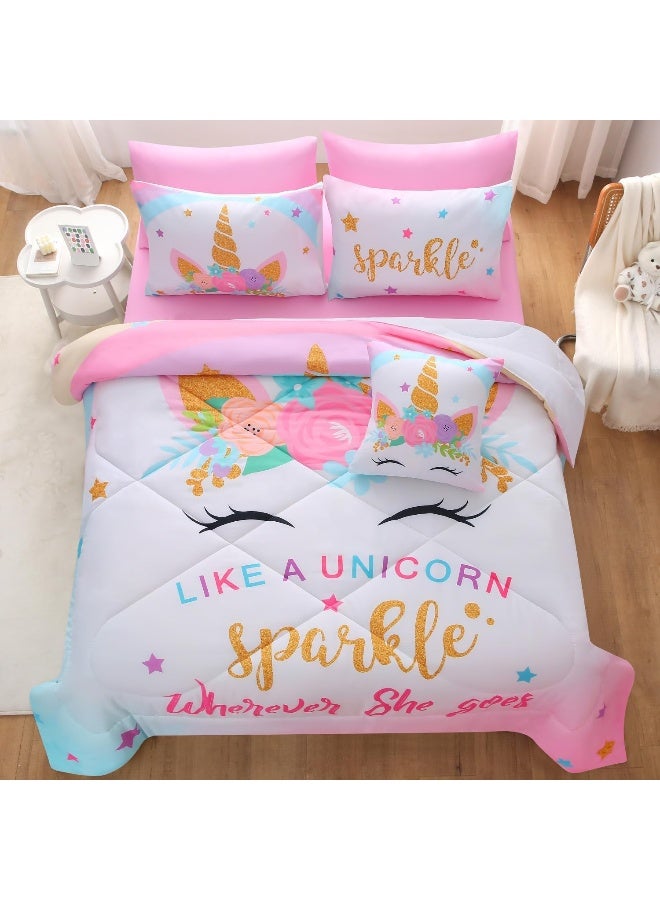 JQinHome Unicorn Queen Bedding Sets for Girls Kids, 8 Piece Bed in A Bag 3D Colorful Flower Girl Unicorn Comforter Set with Sheet Set (Sparkle)  - Image 3