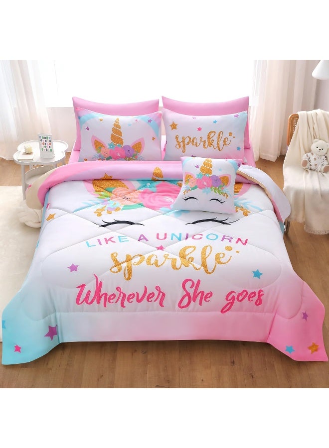 JQinHome Unicorn Queen Bedding Sets for Girls Kids, 8 Piece Bed in A Bag 3D Colorful Flower Girl Unicorn Comforter Set with Sheet Set (Sparkle)  - Image 2