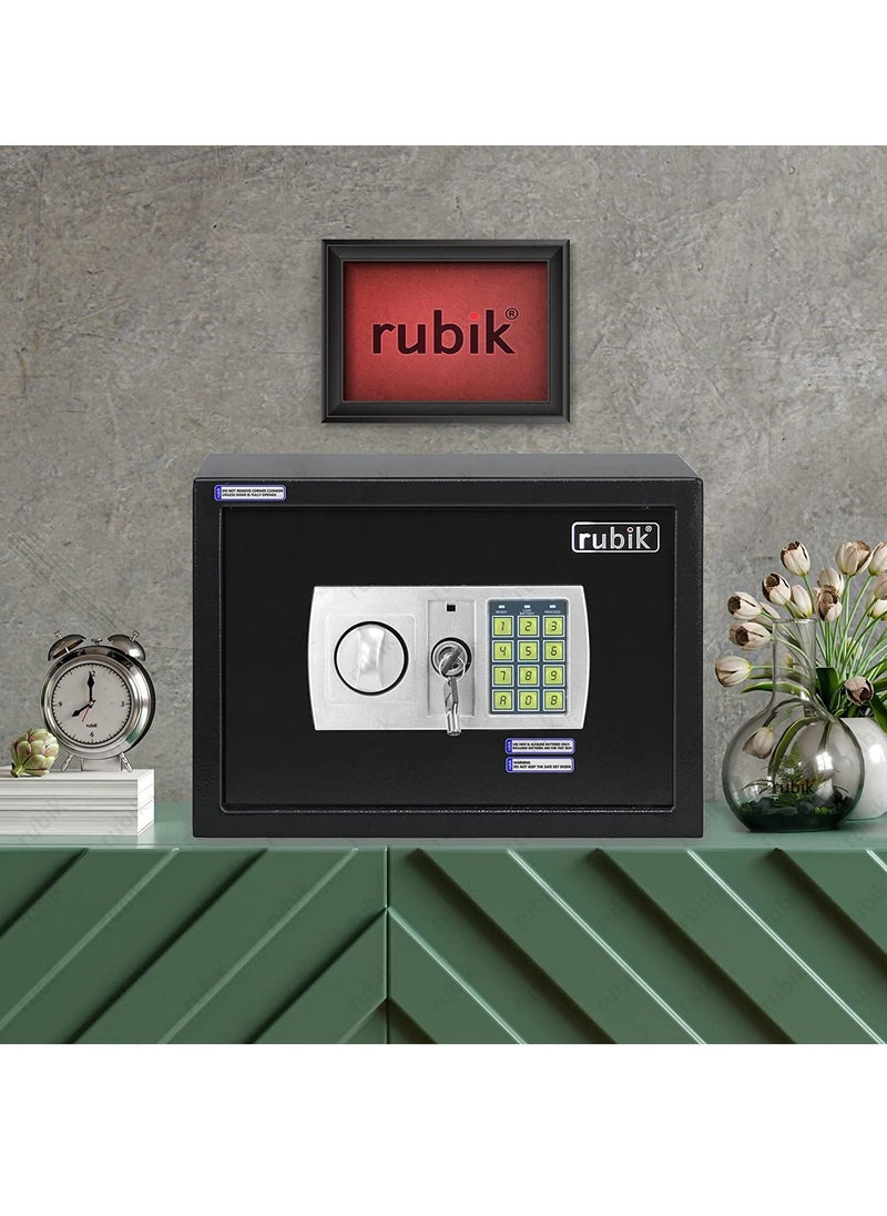 Rubik - Safe Box with Key and Pin Code Keypad A4 Documents Size Security Safety Locker for Cash Jewelry Passports (25x35x25cm) Black/Silver - Image 1