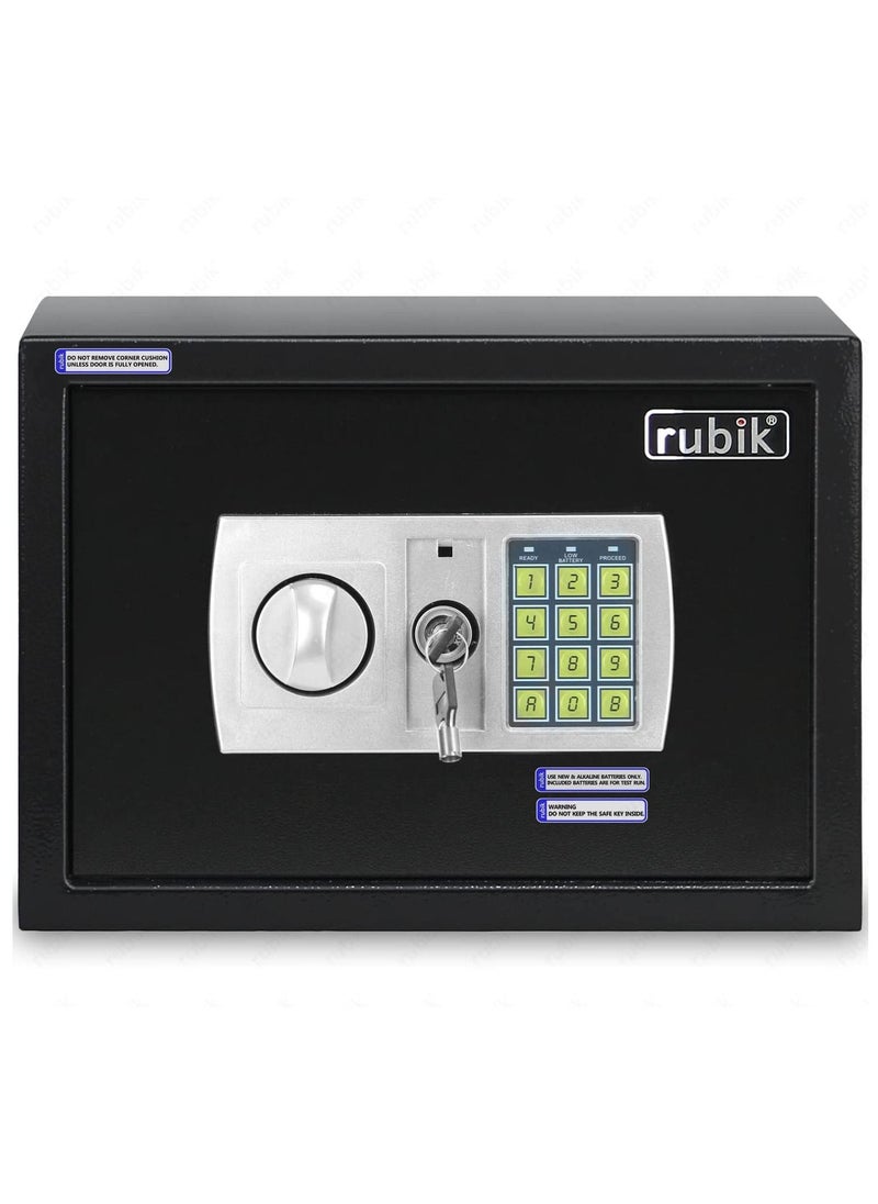 Rubik - Safe Box with Key and Pin Code Keypad A4 Documents Size Security Safety Locker for Cash Jewelry Passports (25x35x25cm) Black/Silver - Image 1