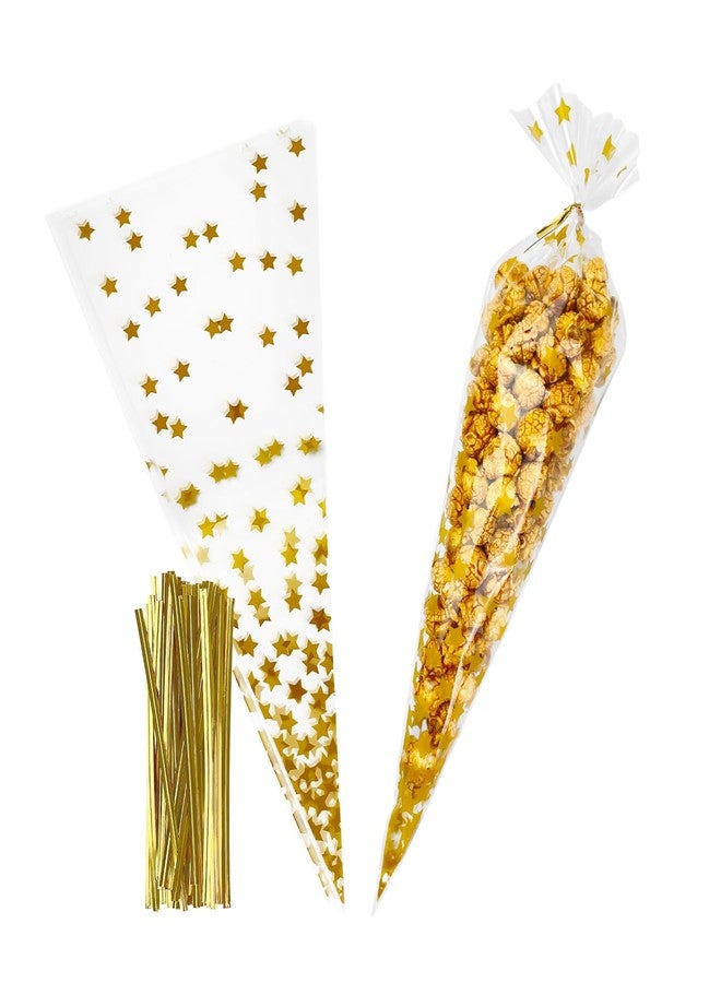 EKAPACKAGING 50Pcs Star Print 7x15 Inches Cone Shaped Treat Cellophane Bags Twist Tie Triangle Christmas Party Favor Cotton Candy Bags With Ties For Popcorn, Chocolates, Ice Cream Cone - Image 1