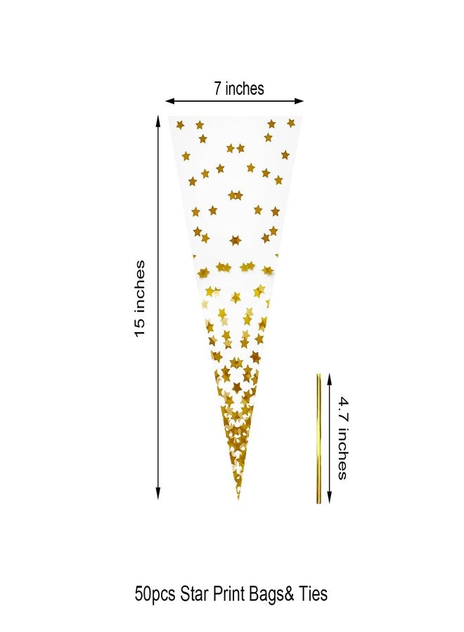 EKAPACKAGING 50Pcs Star Print 7x15 Inches Cone Shaped Treat Cellophane Bags Twist Tie Triangle Christmas Party Favor Cotton Candy Bags With Ties For Popcorn, Chocolates, Ice Cream Cone - Image 2