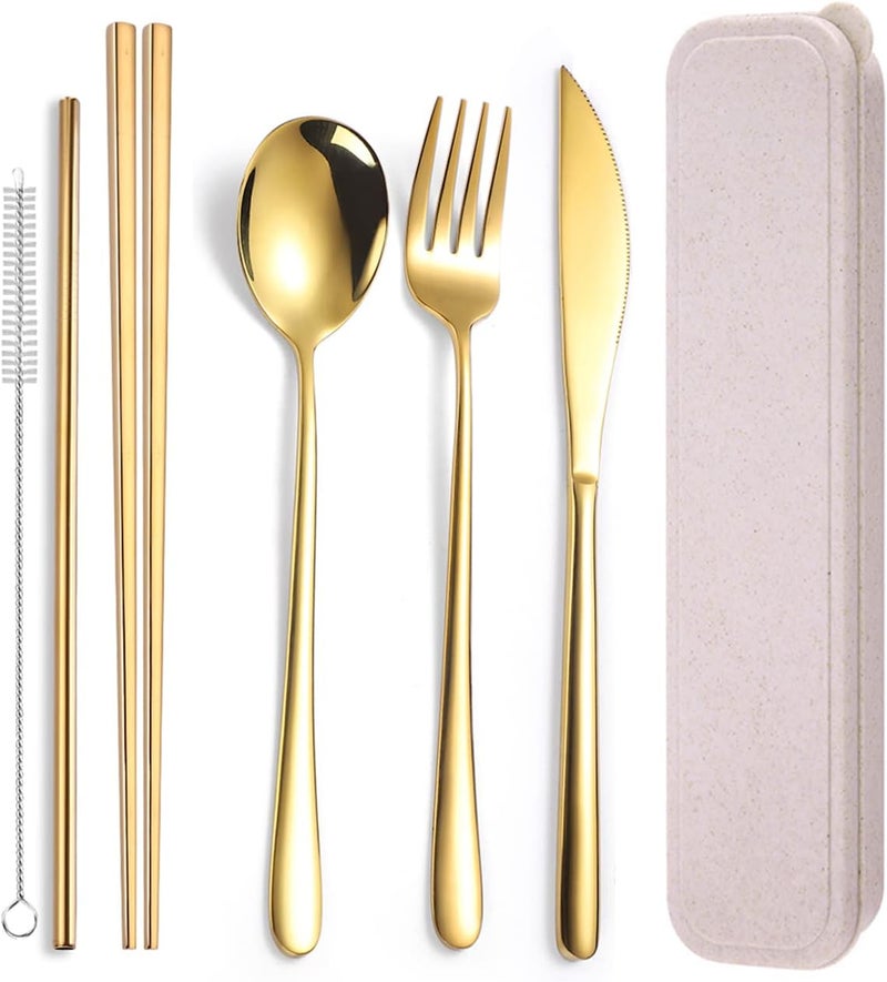 AARainbow 6 Pieces 18/8 Stainless Steel Flatware Set Portable Reusable Cutlery Set Travel Utensils Set Including Chopsticks Knife Fork Spoon Straws Cleaning Brush Dishwasher Safe (Golden) - Image 1