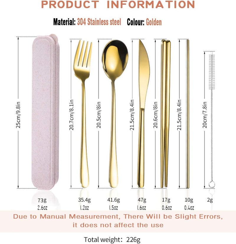AARainbow 6 Pieces 18/8 Stainless Steel Flatware Set Portable Reusable Cutlery Set Travel Utensils Set Including Chopsticks Knife Fork Spoon Straws Cleaning Brush Dishwasher Safe (Golden) - Image 3