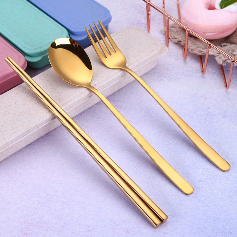 AARainbow 6 Pieces 18/8 Stainless Steel Flatware Set Portable Reusable Cutlery Set Travel Utensils Set Including Chopsticks Knife Fork Spoon Straws Cleaning Brush Dishwasher Safe (Golden) - Image 5