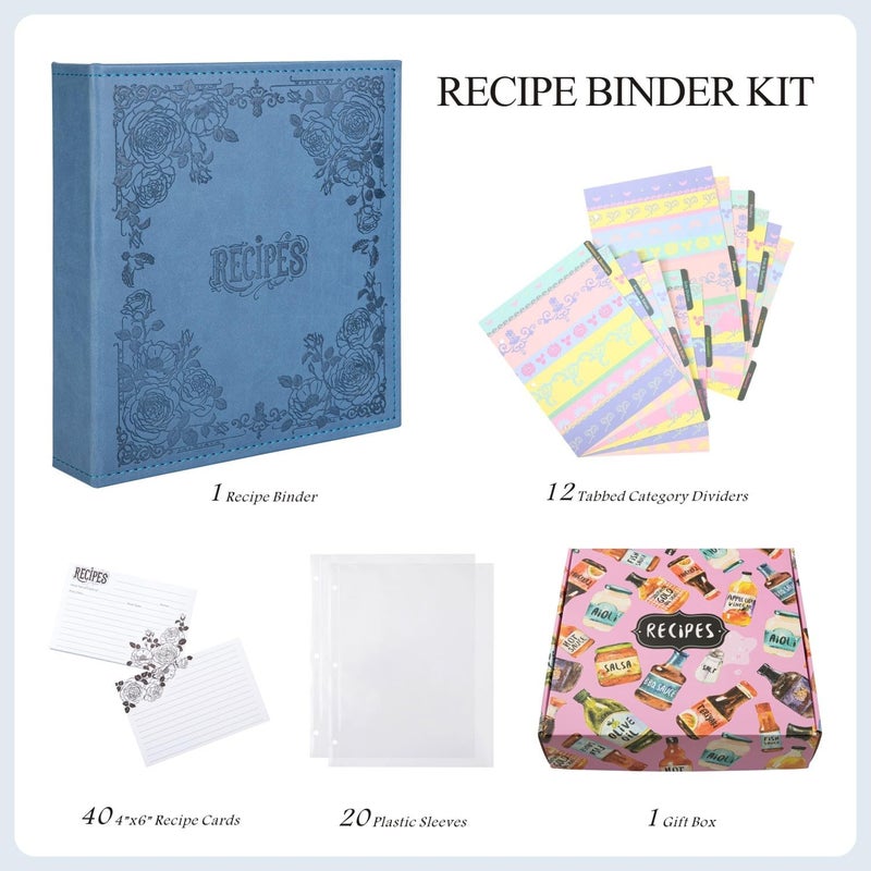 COFACE Recipe Binder – 8.5x9.5 Recipe Ring Binder with PU Faux Leather Cover, 4x6 Cards and Tabbed Dividers, Dark Blue - Image 2