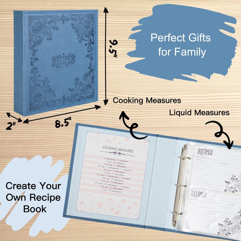 COFACE Recipe Binder – 8.5x9.5 Recipe Ring Binder with PU Faux Leather Cover, 4x6 Cards and Tabbed Dividers, Dark Blue - Image 4