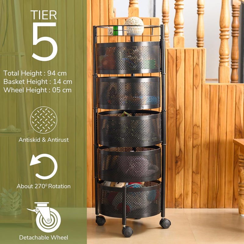 Rasvesh Rasvesh Iron Kitchen Trolley with Wheels Kitchen Organizer Items and Storage Solutions for Round Kitchen Organizer and Kitchen Accessories Items Black Round 5 Layer  - Image 2